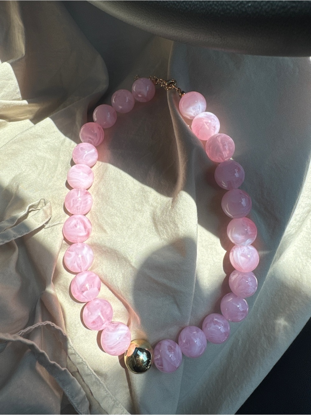 Pink Beaded Statement Necklace with Gold Accent - Women Jewelry